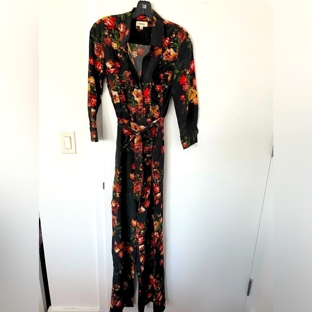 NWOT L’Agence women 100% silk black floral jumpsuit